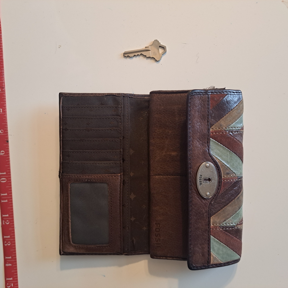 Vintage Fossil Maddox Chevron Patchwork Leather Wallet - Boho Trifold with Key - Picture 6 of 6